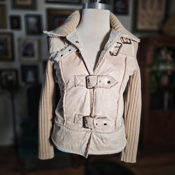 Y2K Glimmer Faux Shearling Buckle Jacket Cream Knit Sleeve Moto Sweater Jacket - Picture 3 of 7